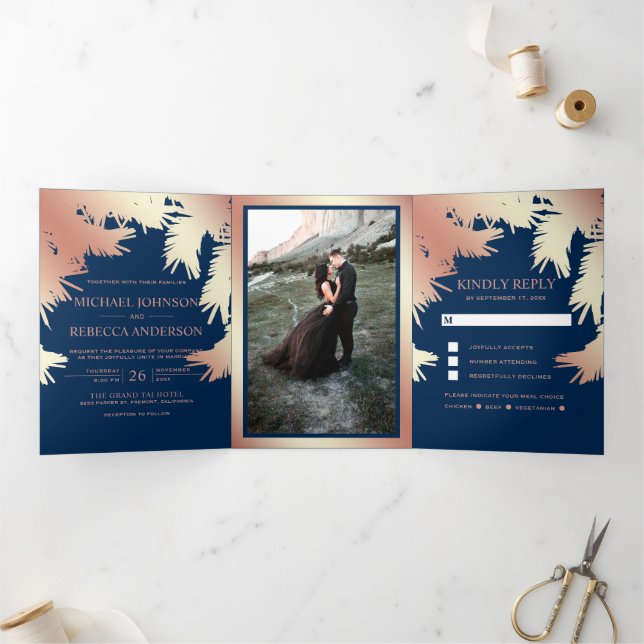 Navy Blue Faux Rose Gold Foil Palm Leaves Wedding Tri-Fold Invitation (Inside)