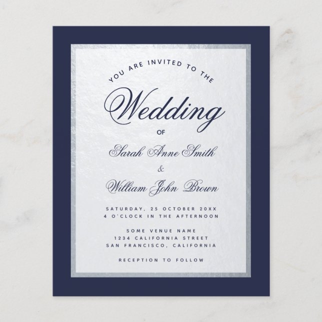 Navy Blue Faux Silver Budget Wedding Invitation (Front)