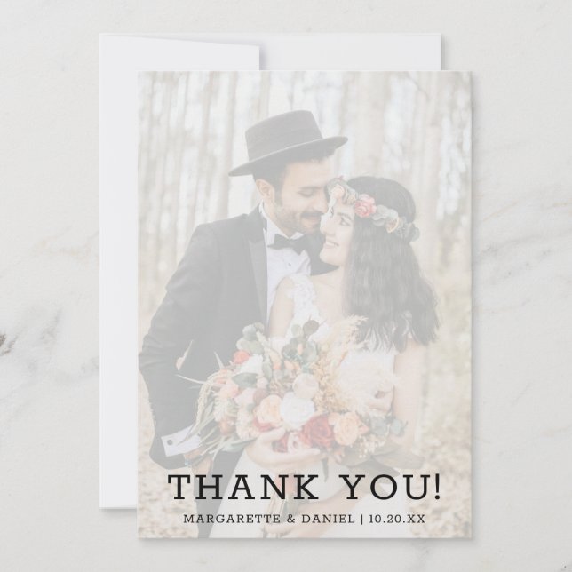 Navy Blue Faux Vellum Text Photo Wedding Thank You Card (Front)
