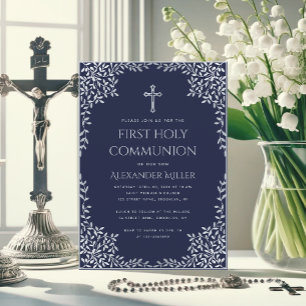 Navy Blue First Communion Boy Vintage Grey Leaves  Invitation
