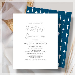 Navy Blue First Communion Budget Invitation
