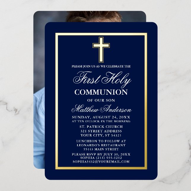 Navy Blue First Holy Communion Photo Cross Gold (Front/Back)