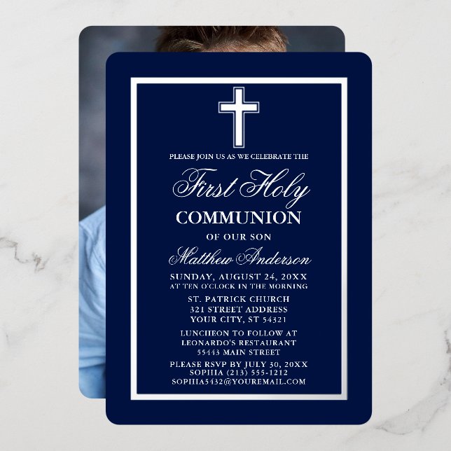 Navy Blue First Holy Communion Photo Cross Silver (Front/Back)