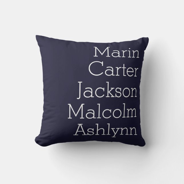 Navy Blue Five Kids Names Personalized Family Throw Pillow (Front)