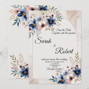 Navy Blue Floral Arch Beige Wedding Invitation