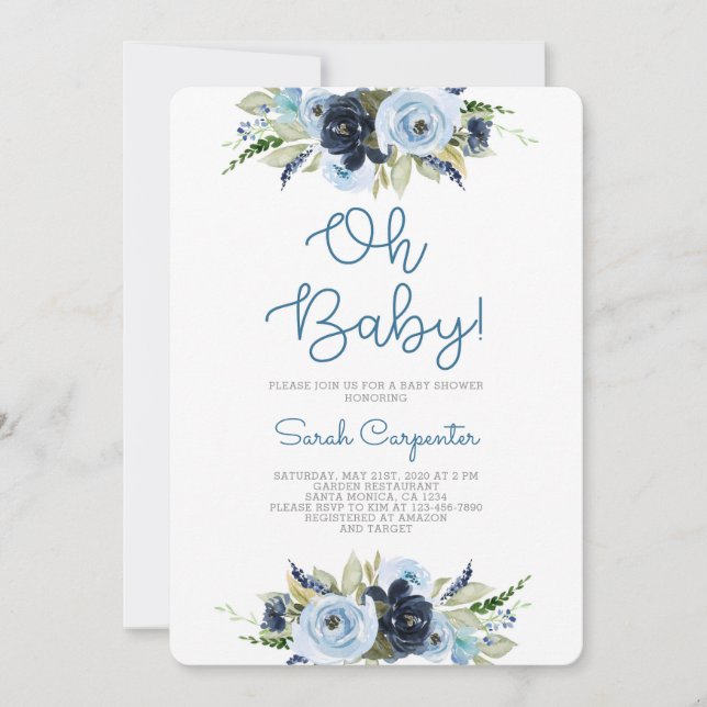 Navy blue floral baby shower boy invitation (Front)
