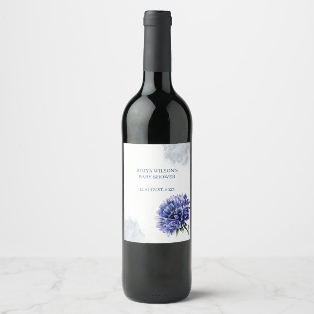 Navy blue floral baby shower  wine label (Front)
