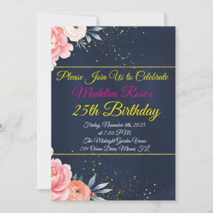 Navy Blue Floral Birthday Invitation