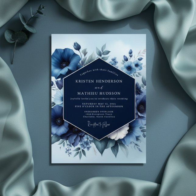 Navy Blue Floral Bloom Wedding Invitation (Creator Uploaded)