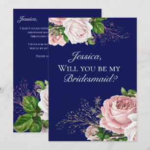 Navy Blue Floral Blush Roses Bridesmaid Invitation