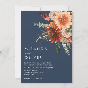 Navy Blue Floral Boho Wedding Invitation