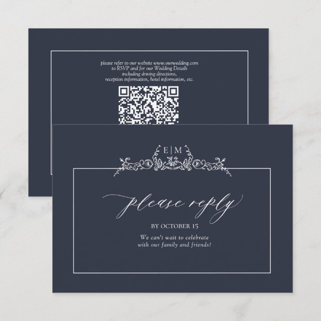 Navy Blue Floral Border Monogram Wedding RSVP Card (Front/Back)