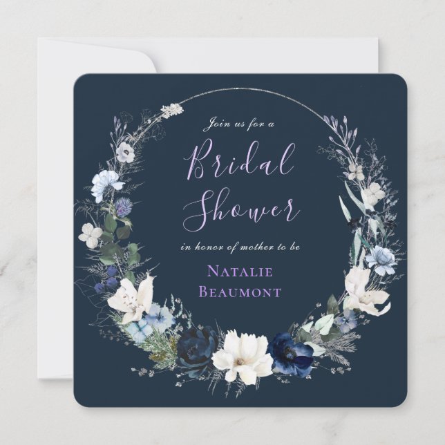 Navy Blue Floral Botanical Bridal Shower Invitatio Invitation (Front)