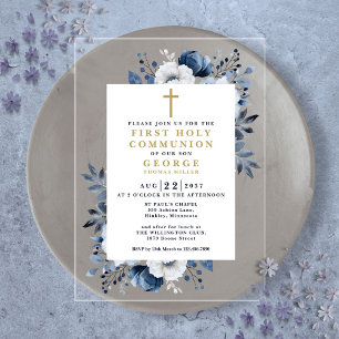 Navy Blue Floral Botanical First Holy Communion Acrylic Invitations