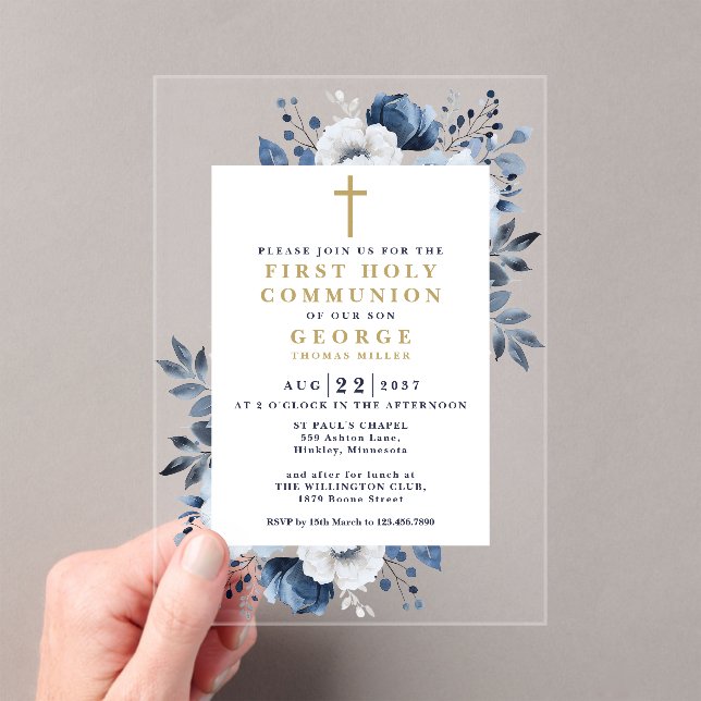 Navy Blue Floral Botanical First Holy Communion Acrylic Invitations (Insitu (Handheld))