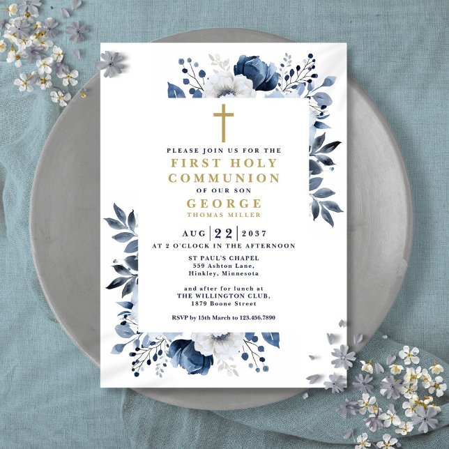 Navy Blue Floral Botanical First Holy Communion Invitation (Navy Blue Floral Botanical First Holy Communion Invitation)