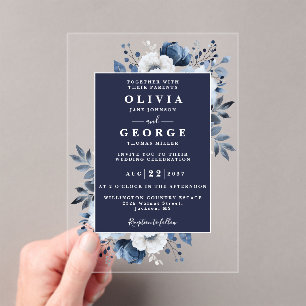 Navy Blue Floral Botanical Modern Wedding Acrylic Invitations