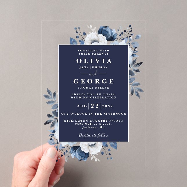 Navy Blue Floral Botanical Modern Wedding Acrylic Invitations (Insitu (Handheld))
