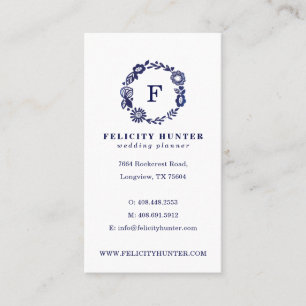 Navy Blue Floral Botanical Monogram Wreath Business Card