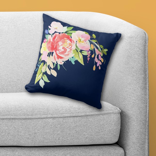 Navy Blue Floral Bouquet Throw Pillow (Creator Uploaded)