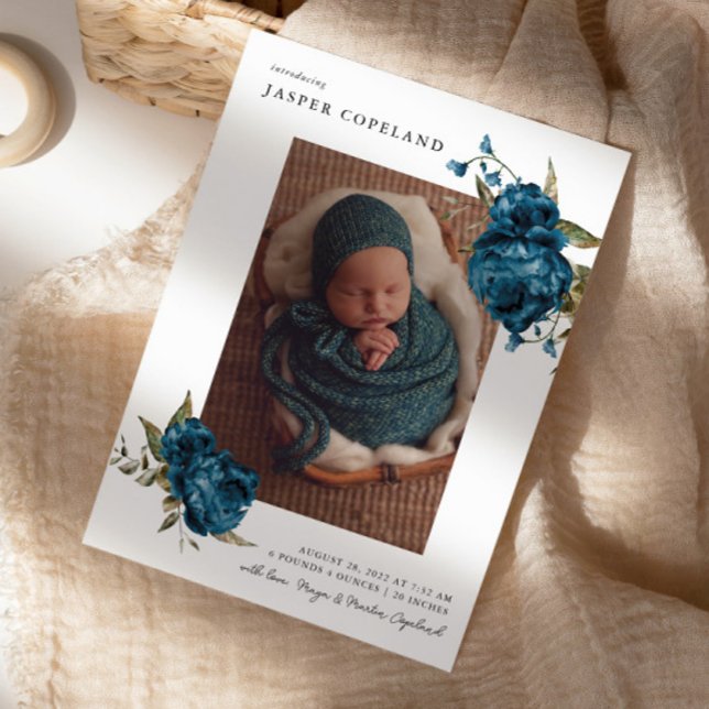 Navy Blue Floral Boy Baby Photo Faire-part de nais (Créateur téléchargé)