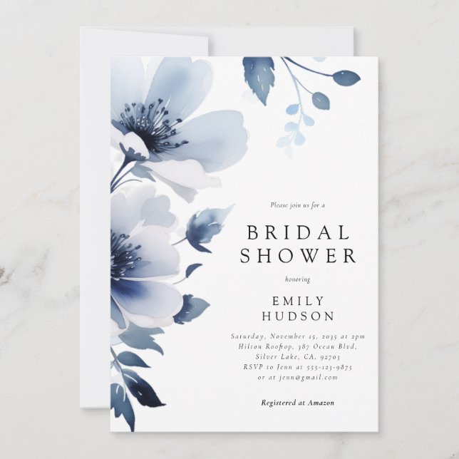 Navy Blue Floral Bridal Shower Invitation (Front)