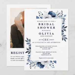 Navy Blue Floral Bridal Shower Photo QR Code Invitation