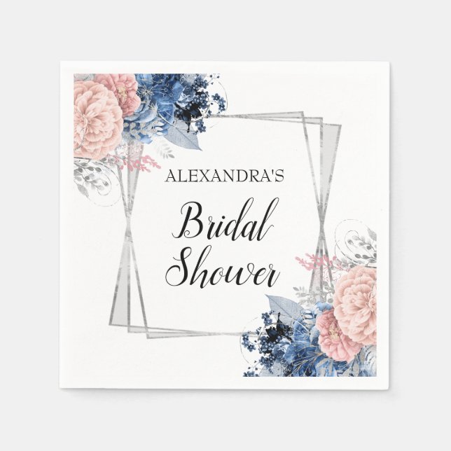 Navy Blue Floral Bridal Shower Pink Geometric Napkin (Front)