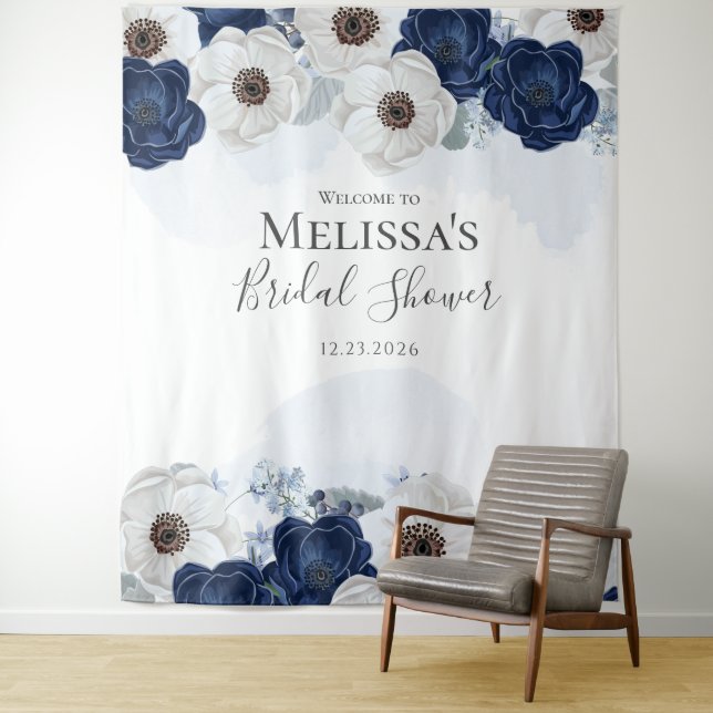 Navy Blue Floral Bridal Shower Watercolor Tapestry (In Situ)