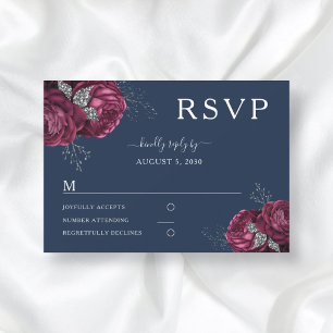 Navy Blue Floral Burgundy Peonies Elegant Wedding RSVP Card