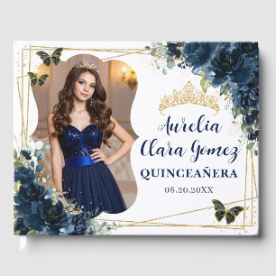 Navy Blue Floral Butterflies QUINCEAÑERA  16 Photo Guest Book