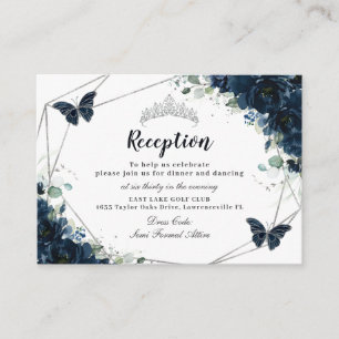 Navy Blue Floral Butterflies Quinceañera Reception Enclosure Card