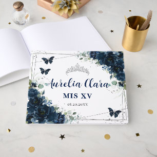 Navy Blue Floral Butterflies Silver Quinceanera 15 Guest Book