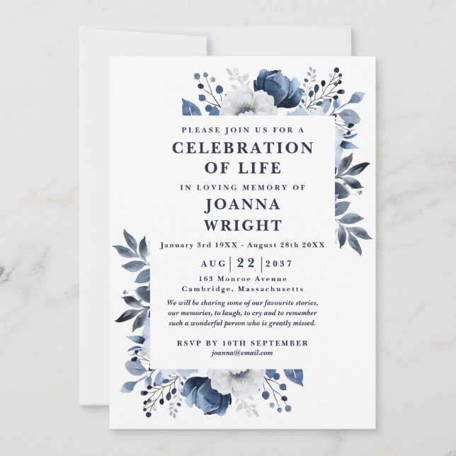 Navy Blue Floral Celebration Of Life Funeral Invitation (Front)