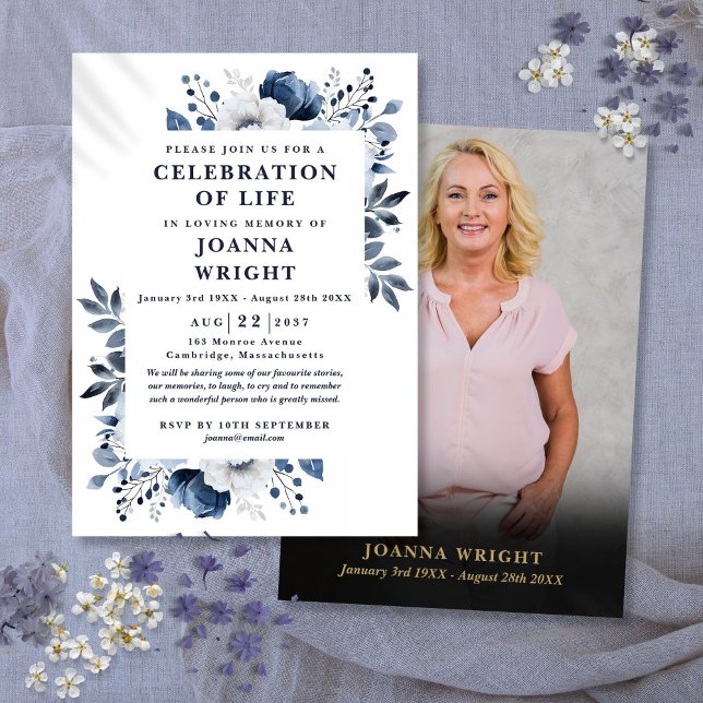 Navy Blue Floral Celebration Of Life Funeral Photo Invitation (Navy Blue Floral Celebration Of Life Funeral Photo Invitation)