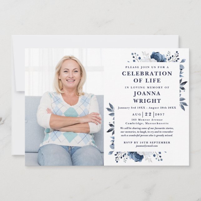 Navy Blue Floral Celebration Of Life Funeral Photo Invitation (Front)