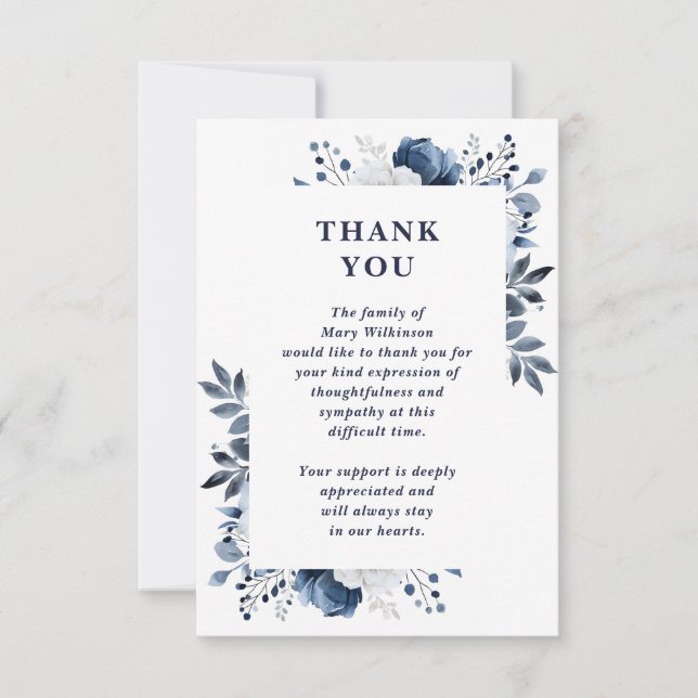 Navy Blue Floral Celebration Of Life Funeral Thank You Card (Front)