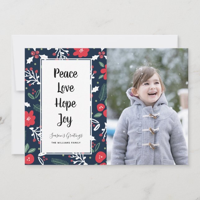 Navy Blue Floral Christmas Photo Card (Front)