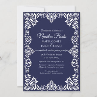 Navy Blue Floral Classic Elegant Spanish Wedding Invitation