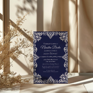 Navy Blue Floral Classic Elegant Spanish Wedding Invitation