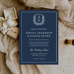 Navy Blue Floral Crest Monogram Wedding Elegant Invitation