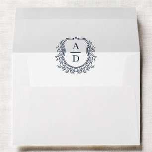 Navy Blue Floral Crest Monogram Wedding Envelope