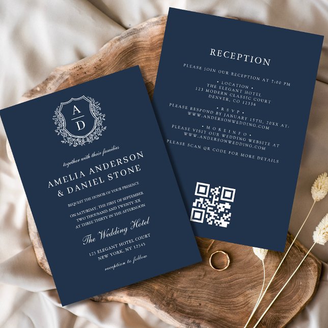 Navy Blue Floral Crest Monogram Wedding QR Code Invitation (Creator Uploaded)