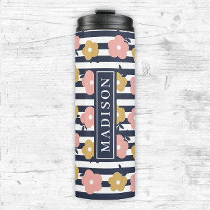 Navy Blue Floral Custom Name Template Thermal Tumbler