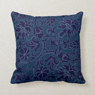 Navy Blue Floral Damask Throw Pillow