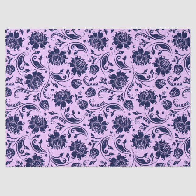 Navy Blue Floral Damasks Lavender Background Tissue Paper (Front)