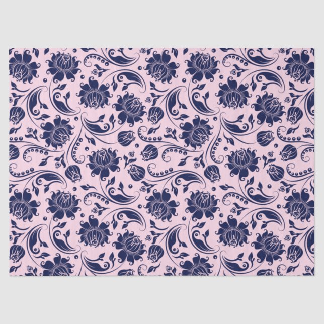 Navy Blue Floral Damasks Pink Background Tissue Paper (Front)
