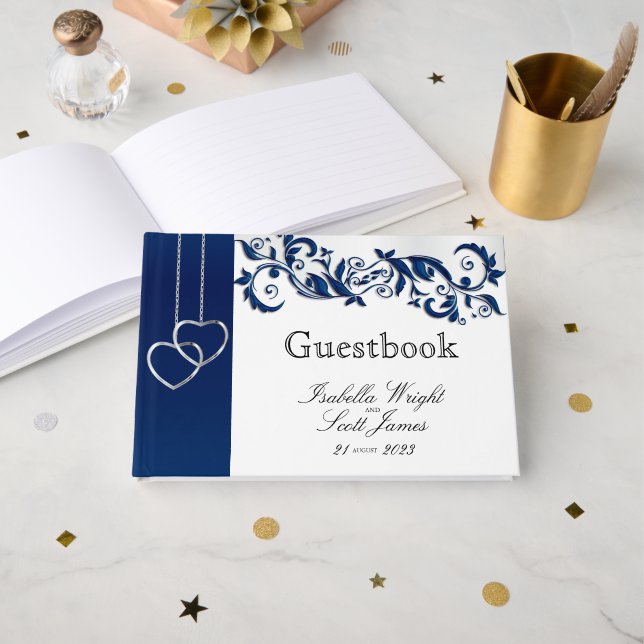 Navy Blue Floral Design  - Guestbook (Front Open)