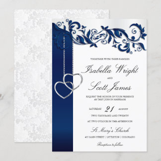 Navy Blue Floral Design Wedding Invitation