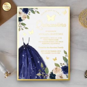 Navy Blue Floral Dress Butterfly Quinceanera Gold